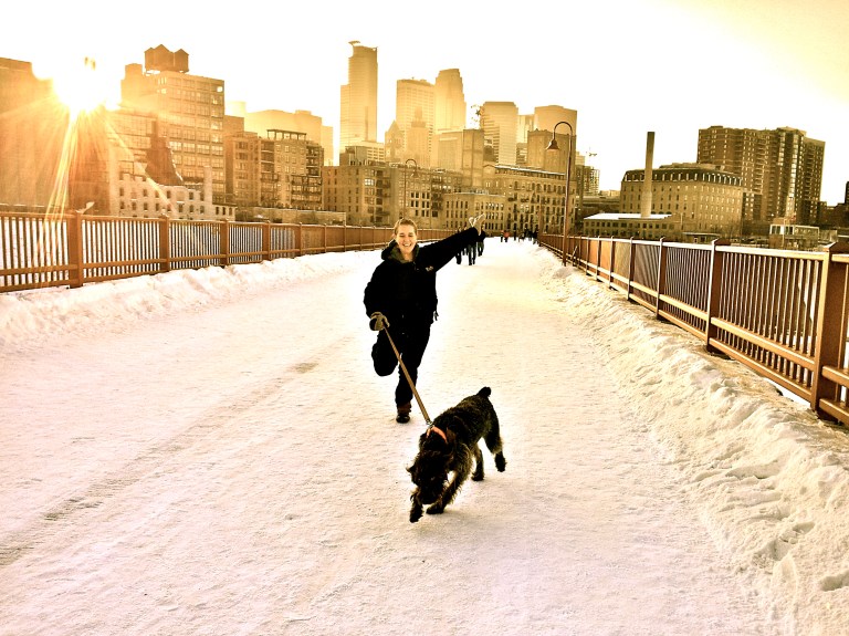 Katie Vogel and Rookie on Stone Arch Bridge, Minneapolis